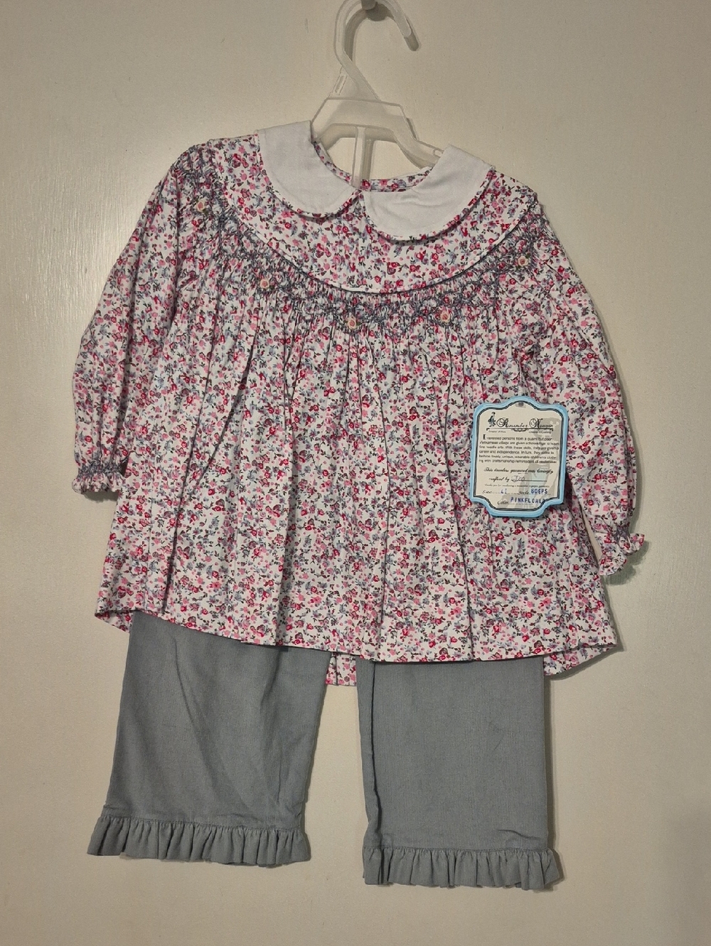 Girls Floral Smocked Top & Gray Ruffle Pants Set - Pink White Gray - 4t NWT